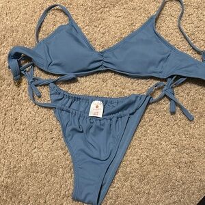 Shade & Shore Dusty Blue Ribbed Tie-Side Bikini